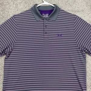 Under Armour Mens Striped HeatGear Loose Golf Polo Shirt Gray‎ Purple Large